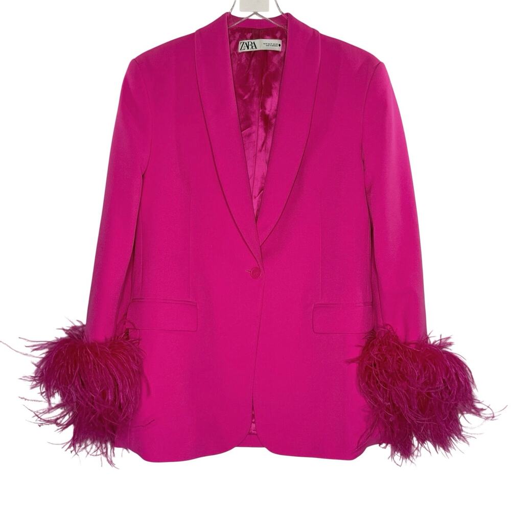 ZARA Straight Cut Feather Blazer Vibrant Pink M Blogger Fav Party Cocktail